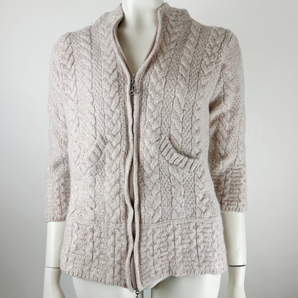 Aran Crafts Sweater Merino Wool Knit Cardigan Ireland 1/4 Sleeve Tan Small